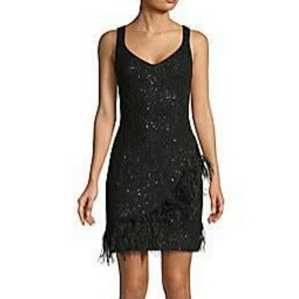 NWT Shelli Segal Elegant LBD w/ Feather Trim sz 16